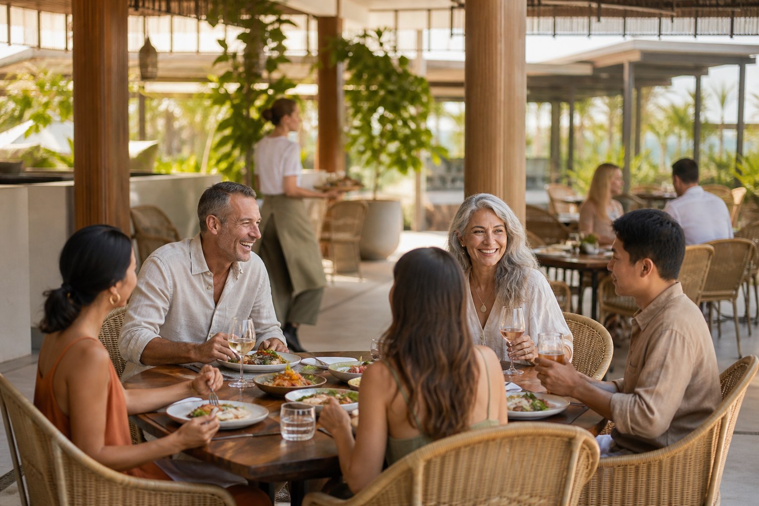 Guests enjoying a relaxed meal in a warm resort restaurant